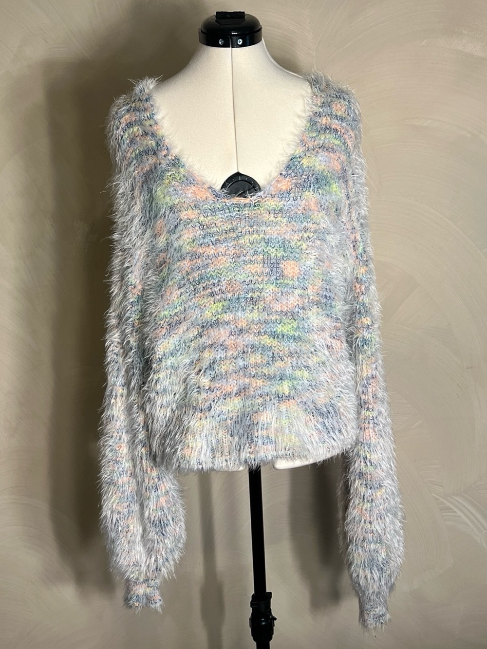 Free People Women’s Gelato Pastel L/S Pullover V-Neck Fuzzy Knit Sweater|Size:XS